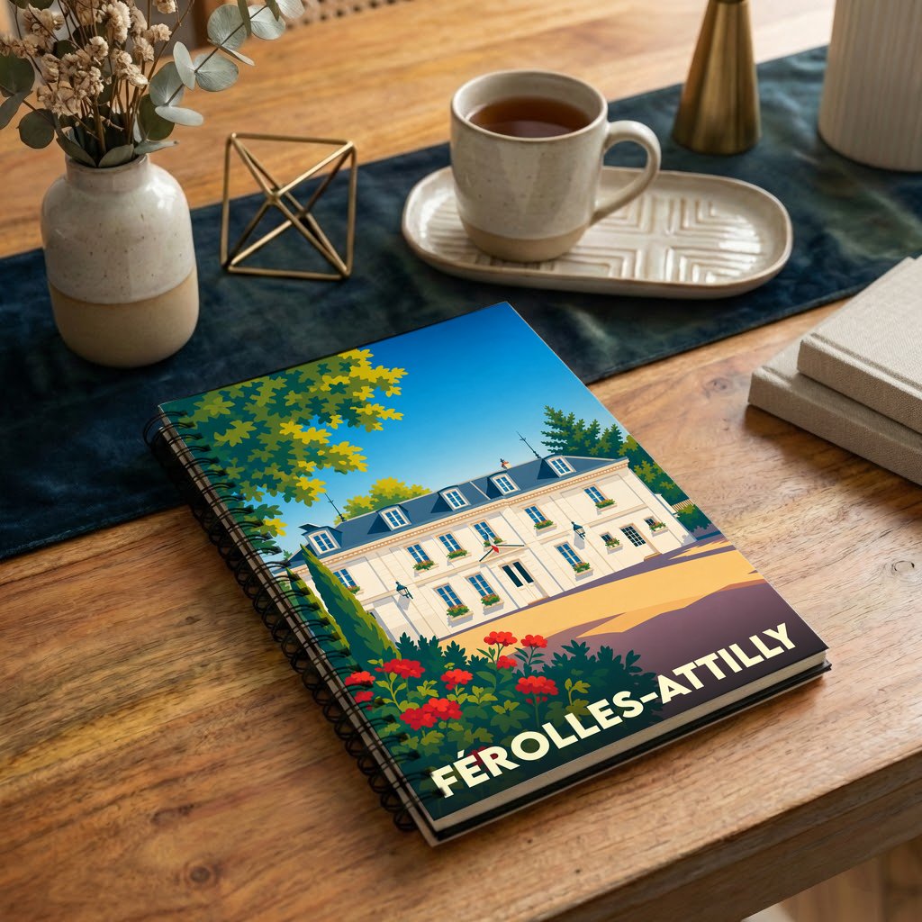 Carnet de notes à spirales souvenir de la ville de Férolles-Attilly avec une illustration stylisée de son hôtel de ville.