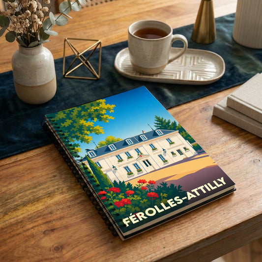 Carnet de notes à spirales souvenir de la ville de Férolles-Attilly avec une illustration stylisée de son hôtel de ville.