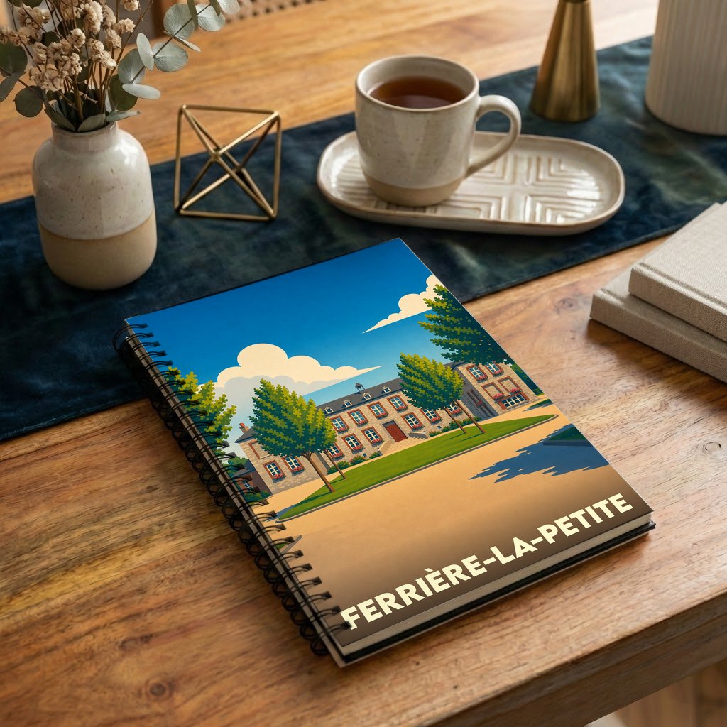 Carnet à spirale souvenir de la ville de Ferrière-la-Petite avec une illustration stylisée.
