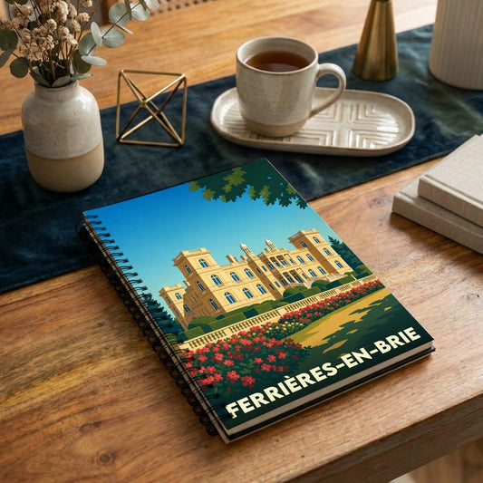 Carnet à spirales souvenir de la ville de Ferrières-en-Brie avec une illustration stylisée de son château.