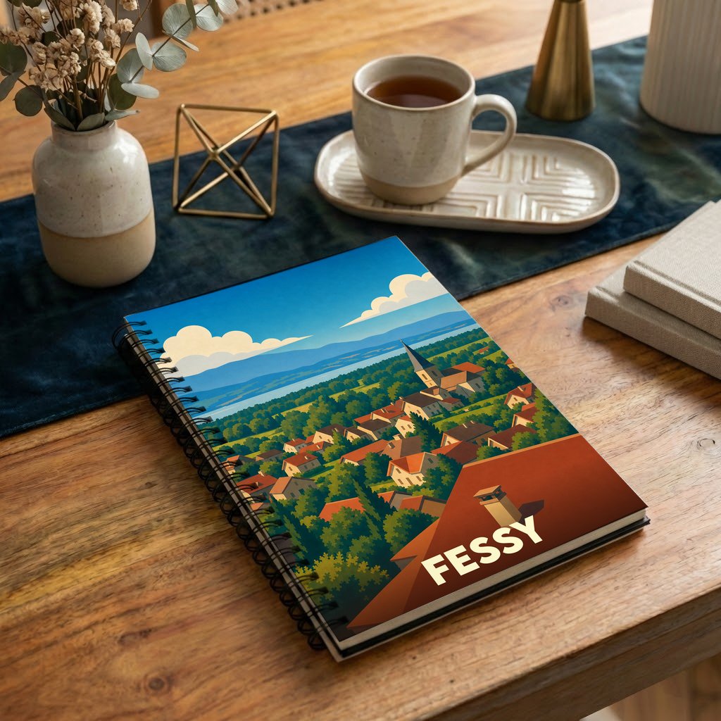 Carnet souvenir de la ville de Fessy avec une illustration stylisée d'un paysage de campagne.