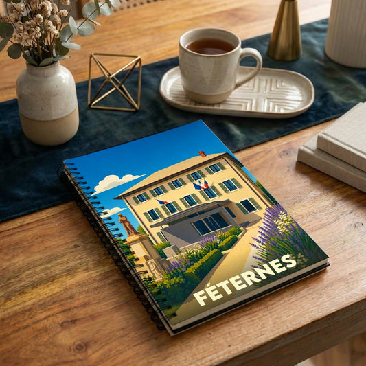 Carnet à spirales souvenir de la ville de Féternes avec une illustration stylisée de sa mairie.