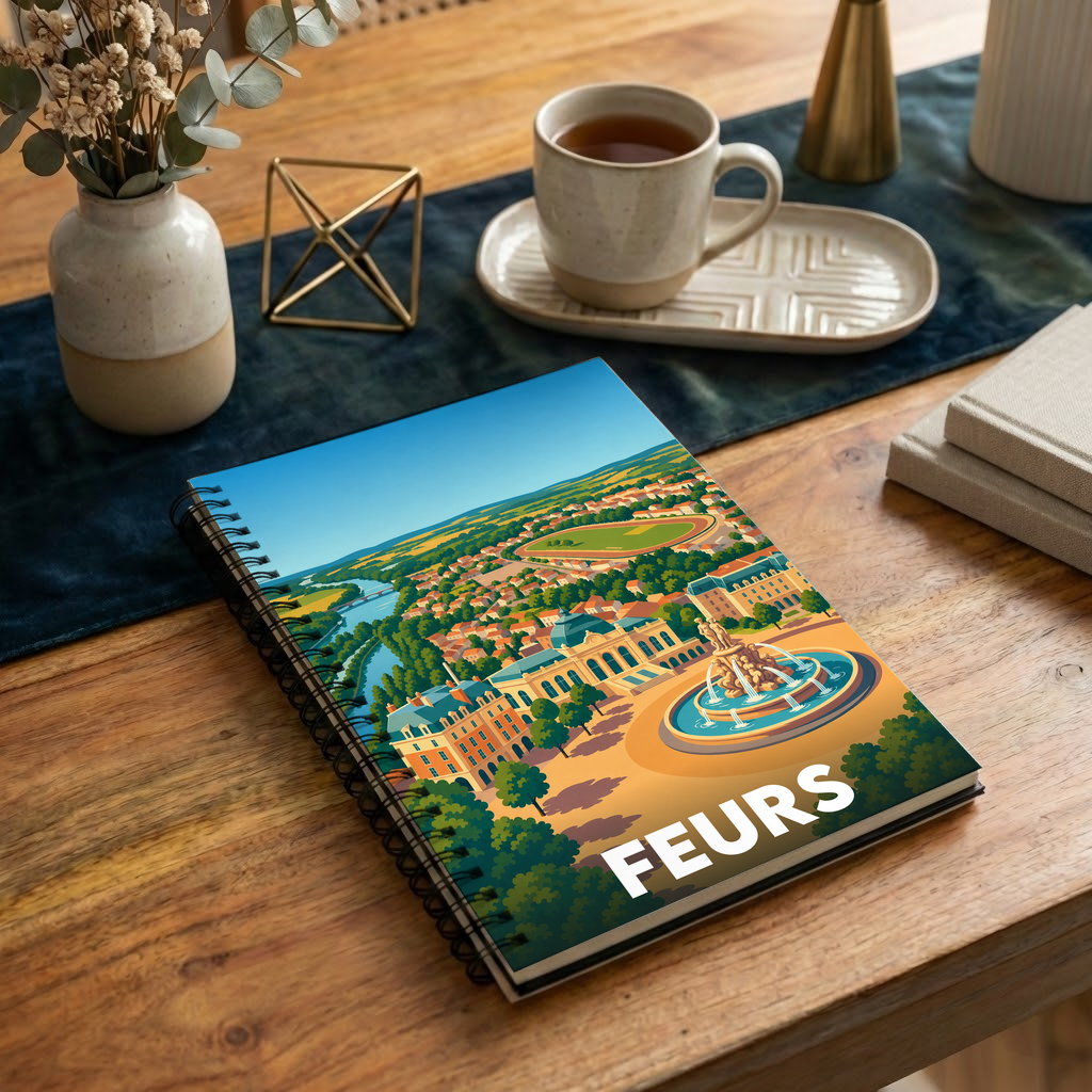 Carnet souvenir de la ville de Feurs illustré par une vue aérienne stylisée et colorée.