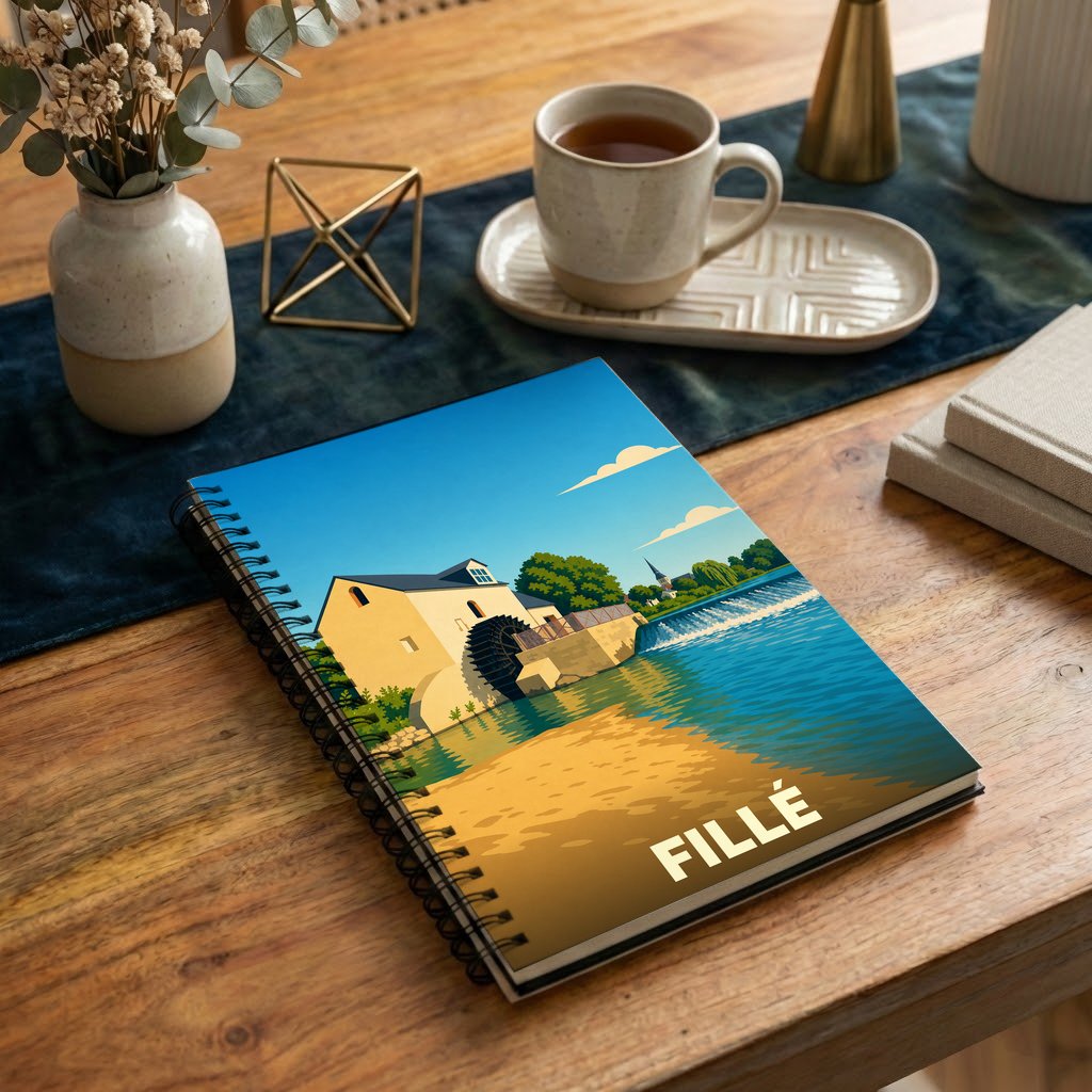 Carnet souvenir de la ville de Fillé illustré d'une scène de moulin au bord de l'eau dans un style graphique épuré.