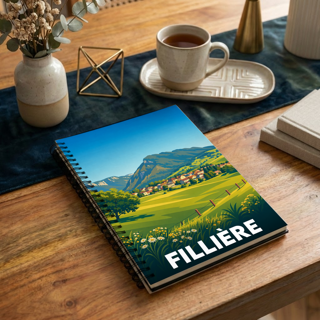 Carnet à spirales souvenir de la ville de Fillière avec une illustration stylisée de paysages montagneux.