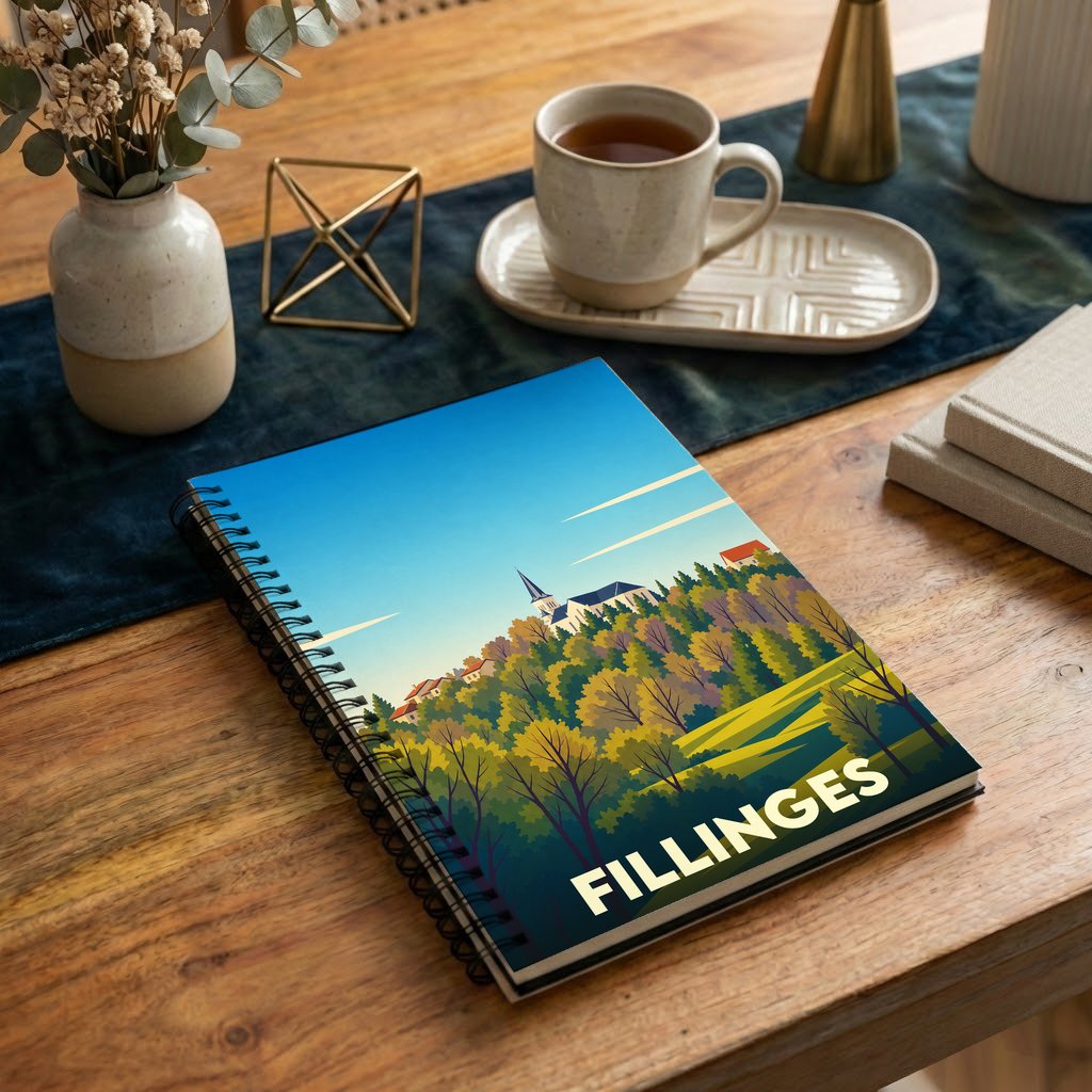Carnet de notes souvenir de la ville de Fillinges avec une illustration de paysage stylisée.