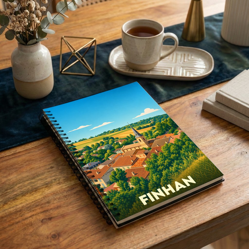Carnet souvenir de la ville de Finhan avec une illustration stylisée de son paysage urbain et champêtre.