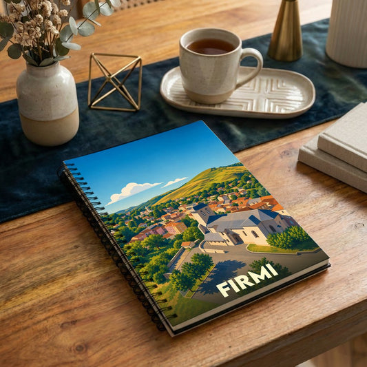 Carnet souvenir de la ville de Firmi orné d'une illustration colorée de son paysage urbain.