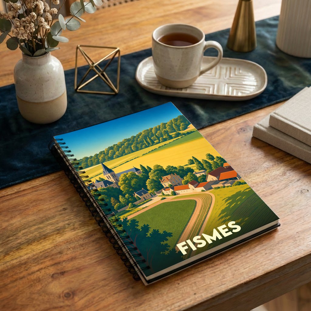 Carnet à spirales souvenir de la ville de Fismes avec une illustration stylisée de son paysage rural.