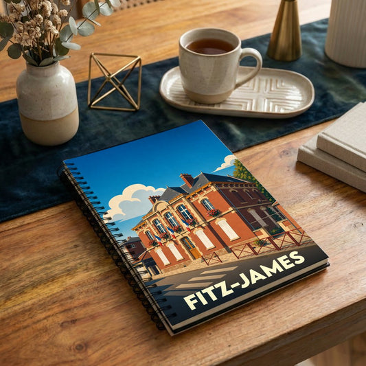 Carnet souvenir de la ville de Fitz-James avec une illustration stylisée de son hôtel de ville.