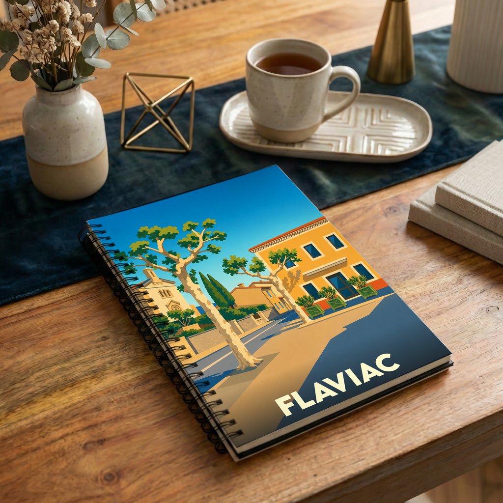 Carnet à spirales souvenir de la ville de Flaviac avec une illustration stylisée et colorée.