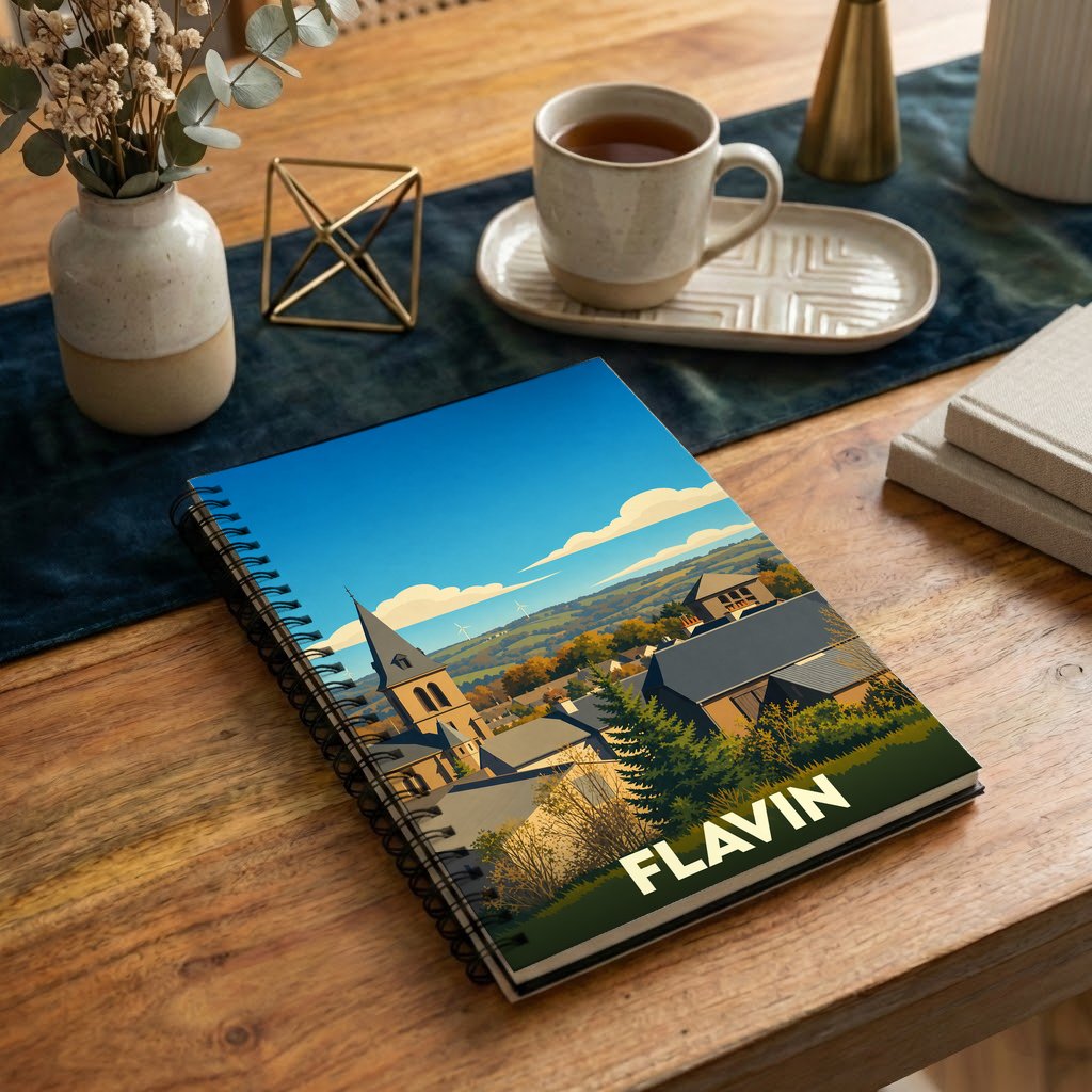 Carnet souvenir de la ville de Flavin avec une illustration stylisée de son paysage urbain.