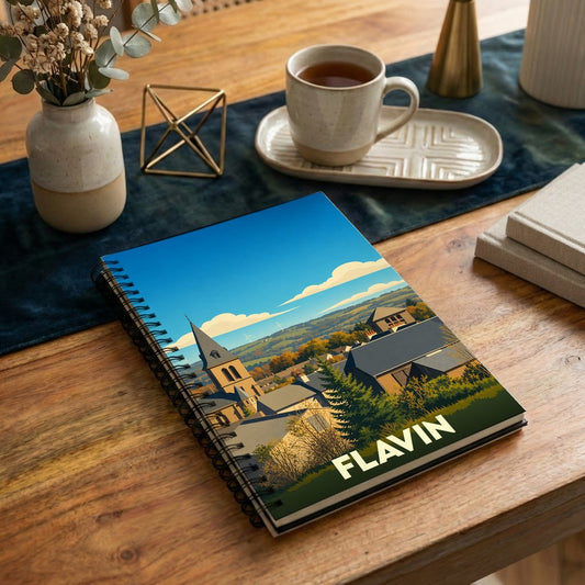 Carnet souvenir de la ville de Flavin avec une illustration stylisée de son paysage urbain.