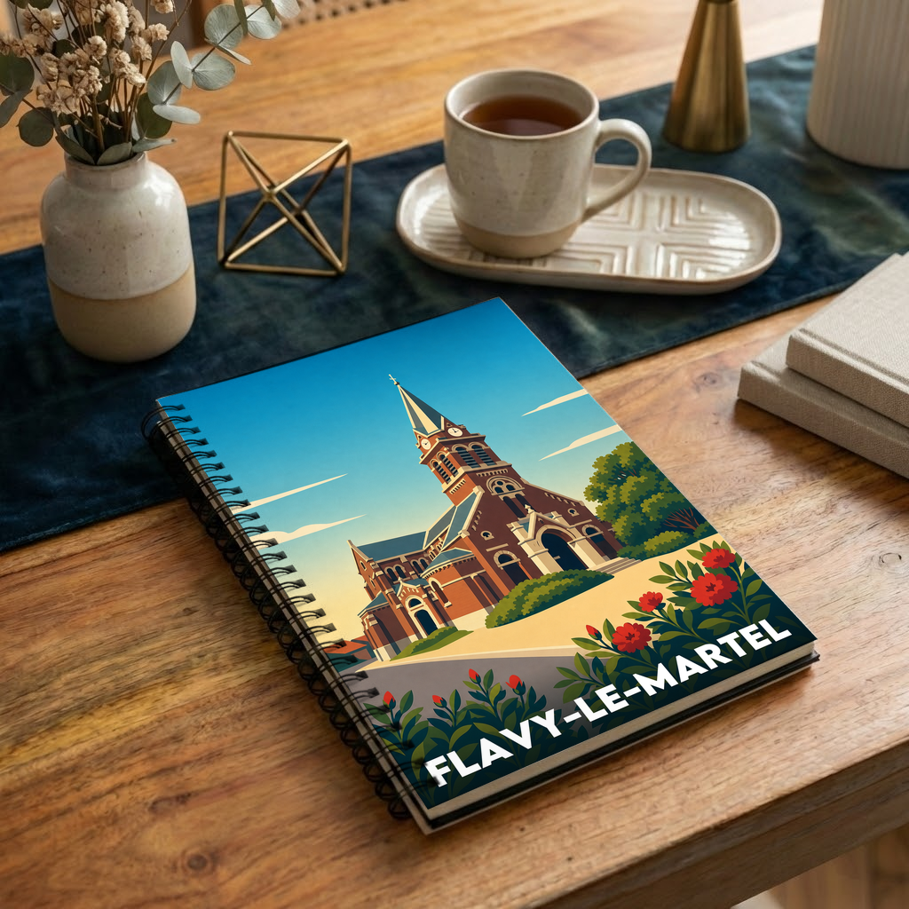 Carnet souvenir de la ville de Flavy-le-Martel avec une illustration stylisée de son église.