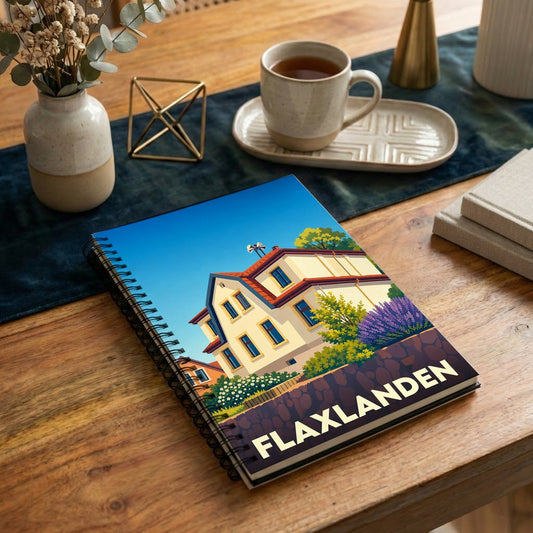 Carnet à spirales souvenir de la ville de Flaxlanden avec une illustration stylisée d'une maison alsacienne.