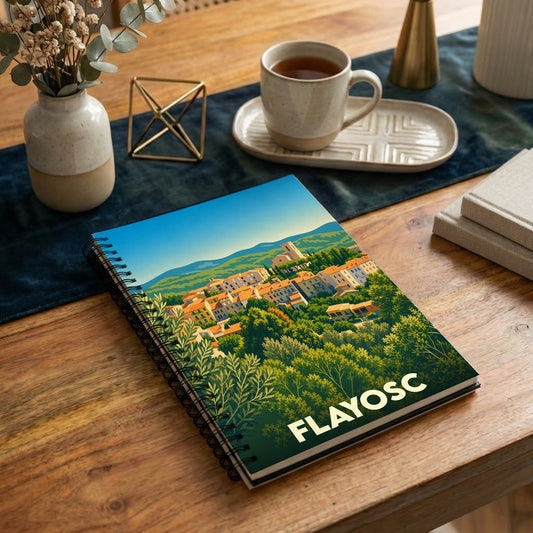 Carnet à spirales souvenir de la ville de Flayosc avec une illustration stylisée de son paysage provençal.