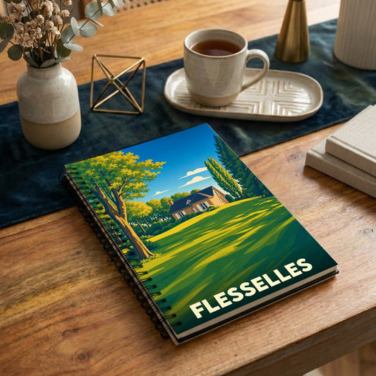 Carnet à spirale souvenir de la ville de Flesselles avec une illustration stylisée d'une maison à la campagne.