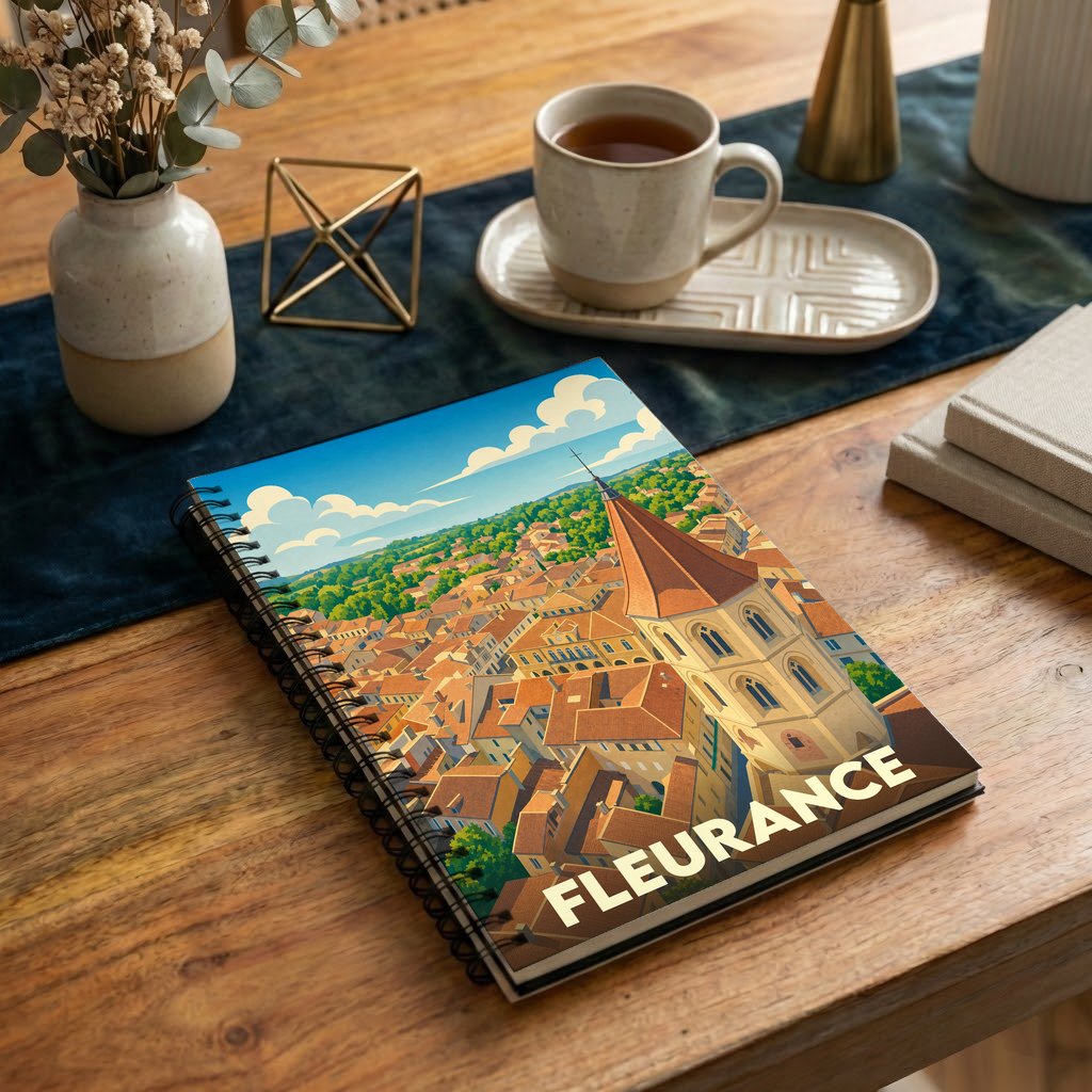 Carnet à spirales souvenir de la ville de Fleurance illustré d'une vue aérienne stylisée.