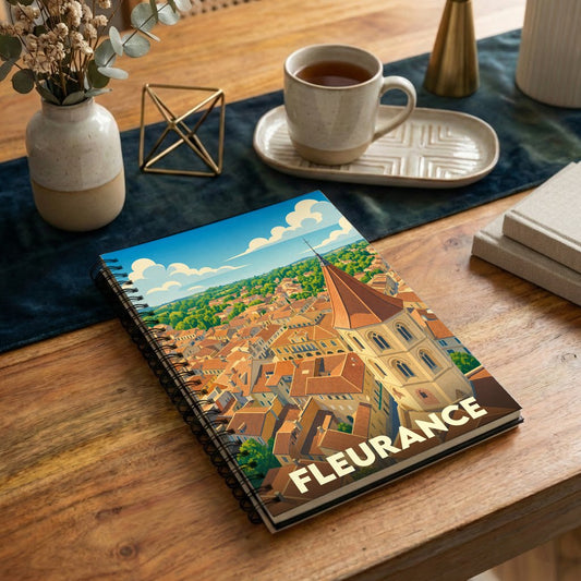 Carnet à spirales souvenir de la ville de Fleurance illustré d'une vue aérienne stylisée.