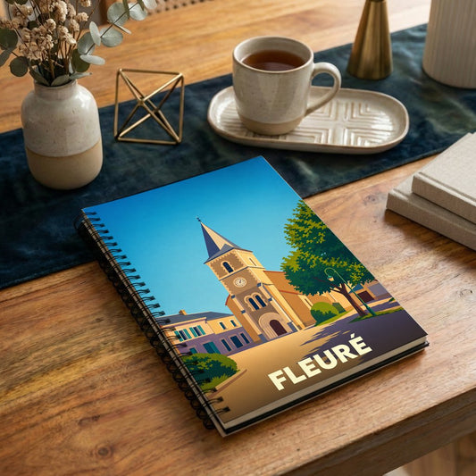 Carnet souvenir de la ville de Fleuré avec une illustration stylisée de son église.