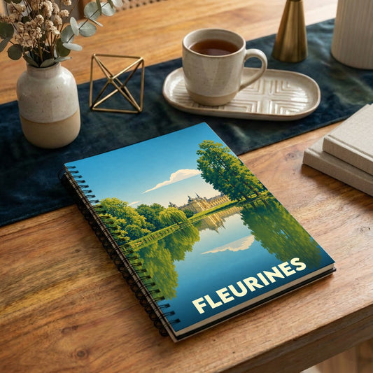 Carnet souvenir de la ville de Fleurines avec une illustration stylisée d'un château se reflétant dans l'eau.