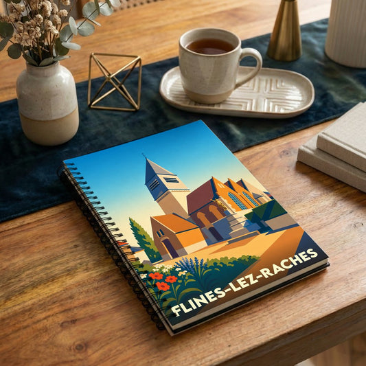 Carnet souvenir de la ville de Flines-lez-Raches avec une illustration stylisée de son église.