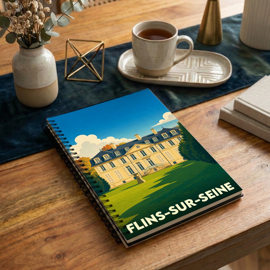 Carnet souvenir à spirale de la ville de Flins-sur-Seine illustré d'un château stylisé sur fond de ciel bleu.