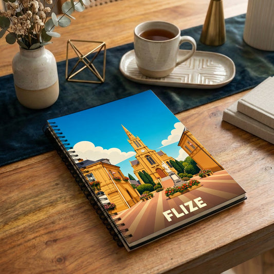 Carnet à spirale souvenir de la ville de Flize avec une illustration stylisée de son église et de sa place.