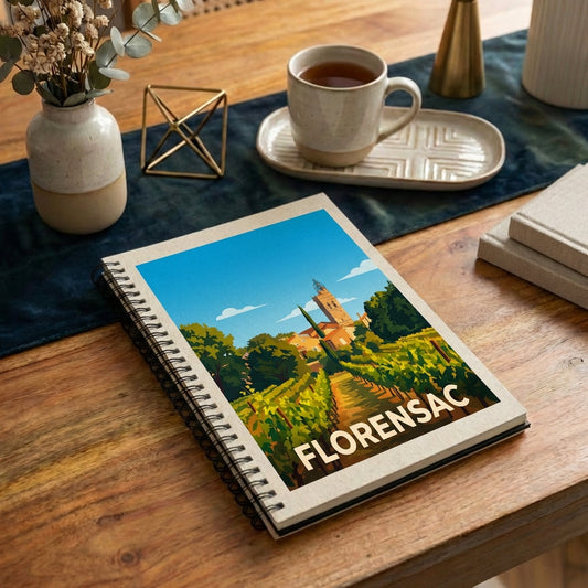 Carnet souvenir de la ville de Florensac avec une illustration stylisée de ses vignobles.
