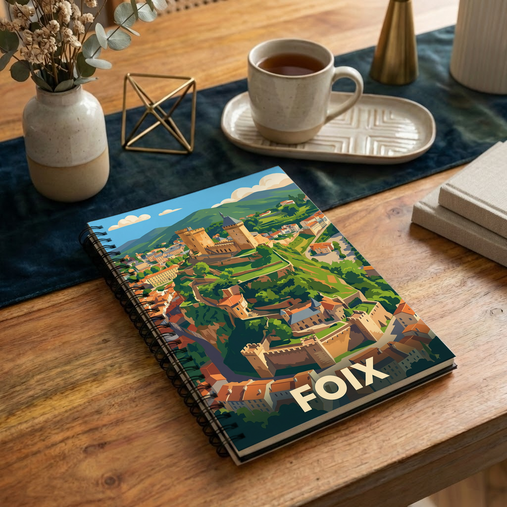 Carnet souvenir de la ville de Foix avec une illustration stylisée de son château.
