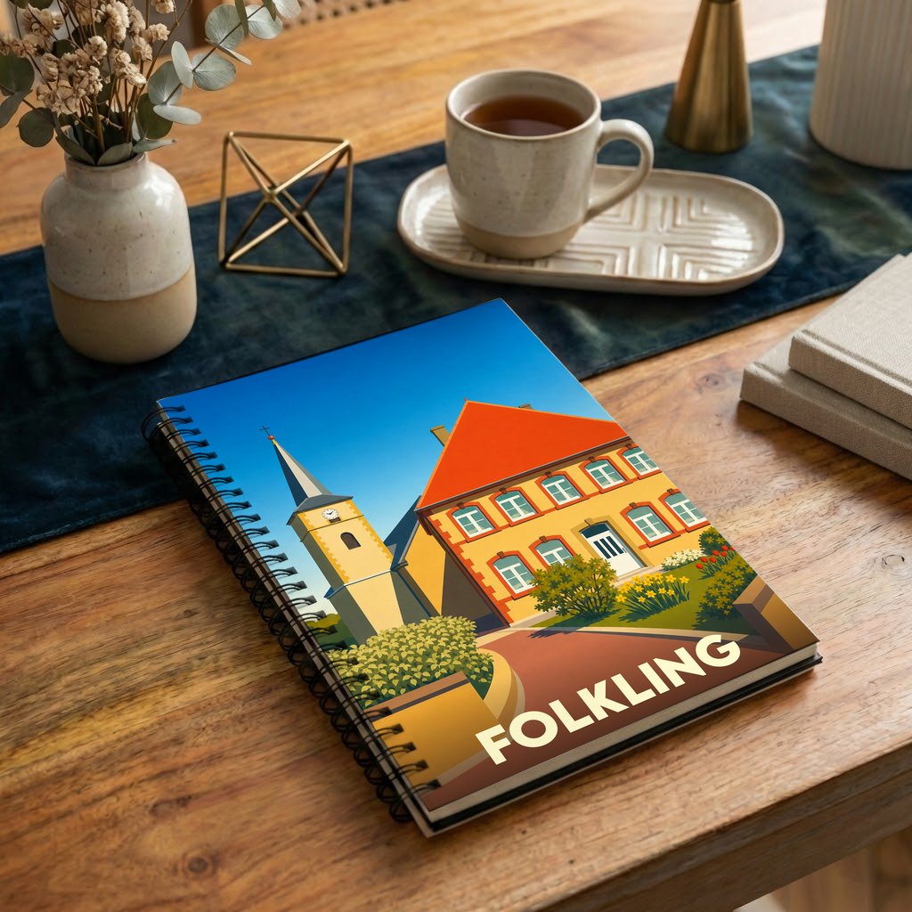 Carnet souvenir de la ville de Folkling illustré d'un paysage urbain coloré et stylisé.