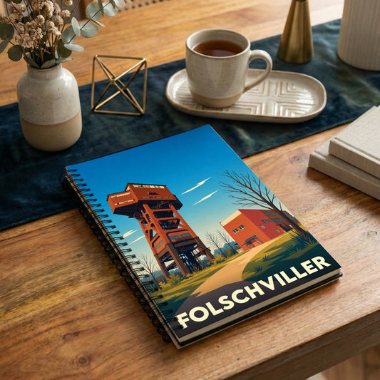 Carnet souvenir de la ville de Folschviller avec une illustration stylisée de son chevalement de mine.