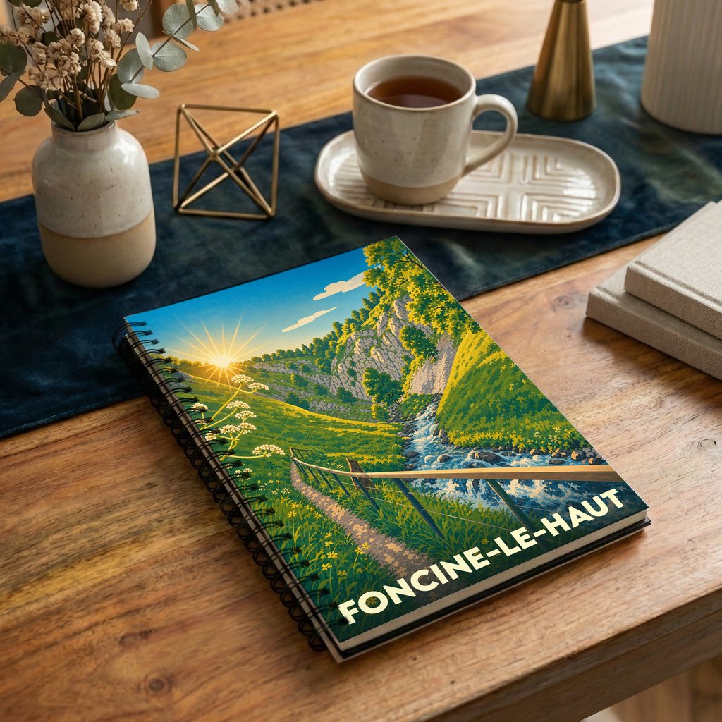 Carnet souvenir à spirale de la ville de Foncine-le-Haut avec une illustration stylisée de paysage montagneux au soleil levant.