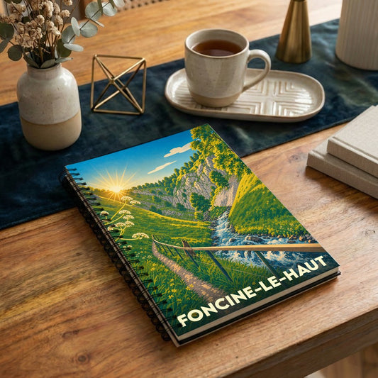 Carnet souvenir à spirale de la ville de Foncine-le-Haut avec une illustration stylisée de paysage montagneux au soleil levant.