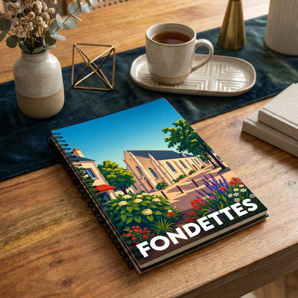 Carnet de notes souvenir de la ville de Fondettes avec une illustration stylisée et colorée de son architecture.