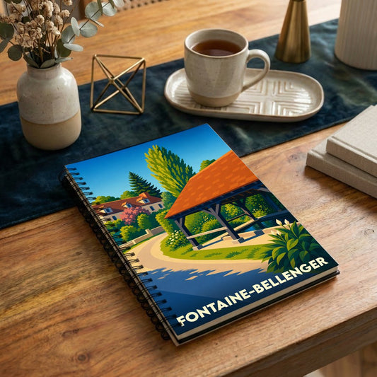Carnet souvenir de la ville de Fontaine-Bellenger avec une illustration stylisée d'un paysage local.
