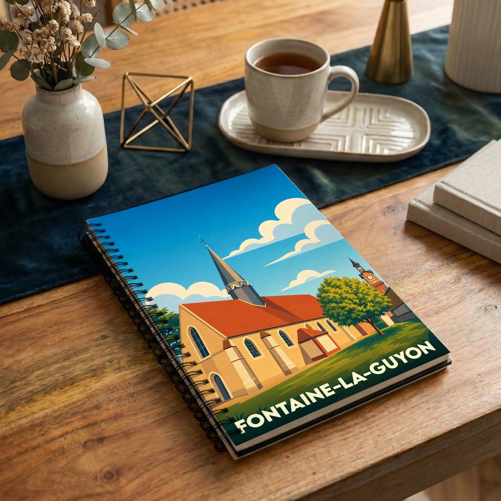 Carnet à spirales souvenir de la ville de Fontaine-la-Guyon avec une illustration stylisée de son église.