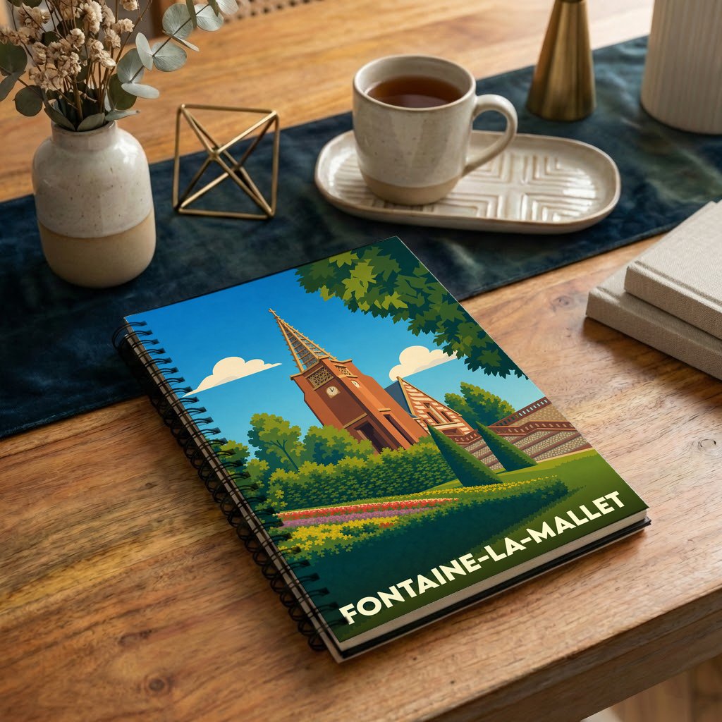 Carnet à spirales souvenir de la ville de Fontaine-la-Mallet avec une illustration stylisée de son église.