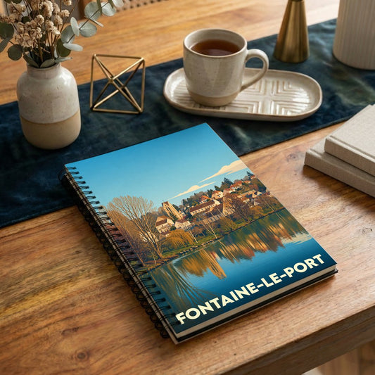 Carnet de notes à spirales souvenir de la ville de Fontaine-le-Port avec une illustration stylisée des bords de Seine.