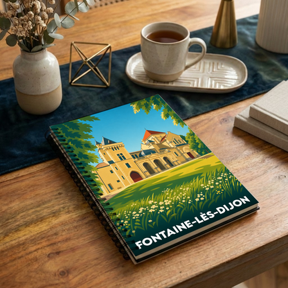 Carnet à spirales souvenir de Fontaine-lès-Dijon orné d'une illustration stylisée du château et de son parc.