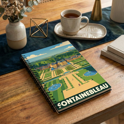 Carnet souvenir de la ville de Fontainebleau avec une illustration stylisée de son château et de ses jardins.