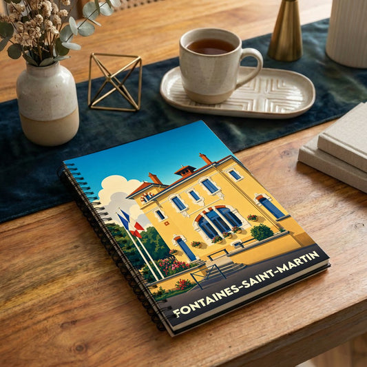 Carnet à spirales souvenir de la ville de Fontaines-Saint-Martin avec une illustration stylisée d'une villa.