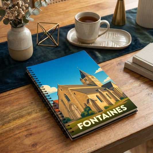 Carnet souvenir de la ville de Fontaines avec une illustration stylisée de son église.