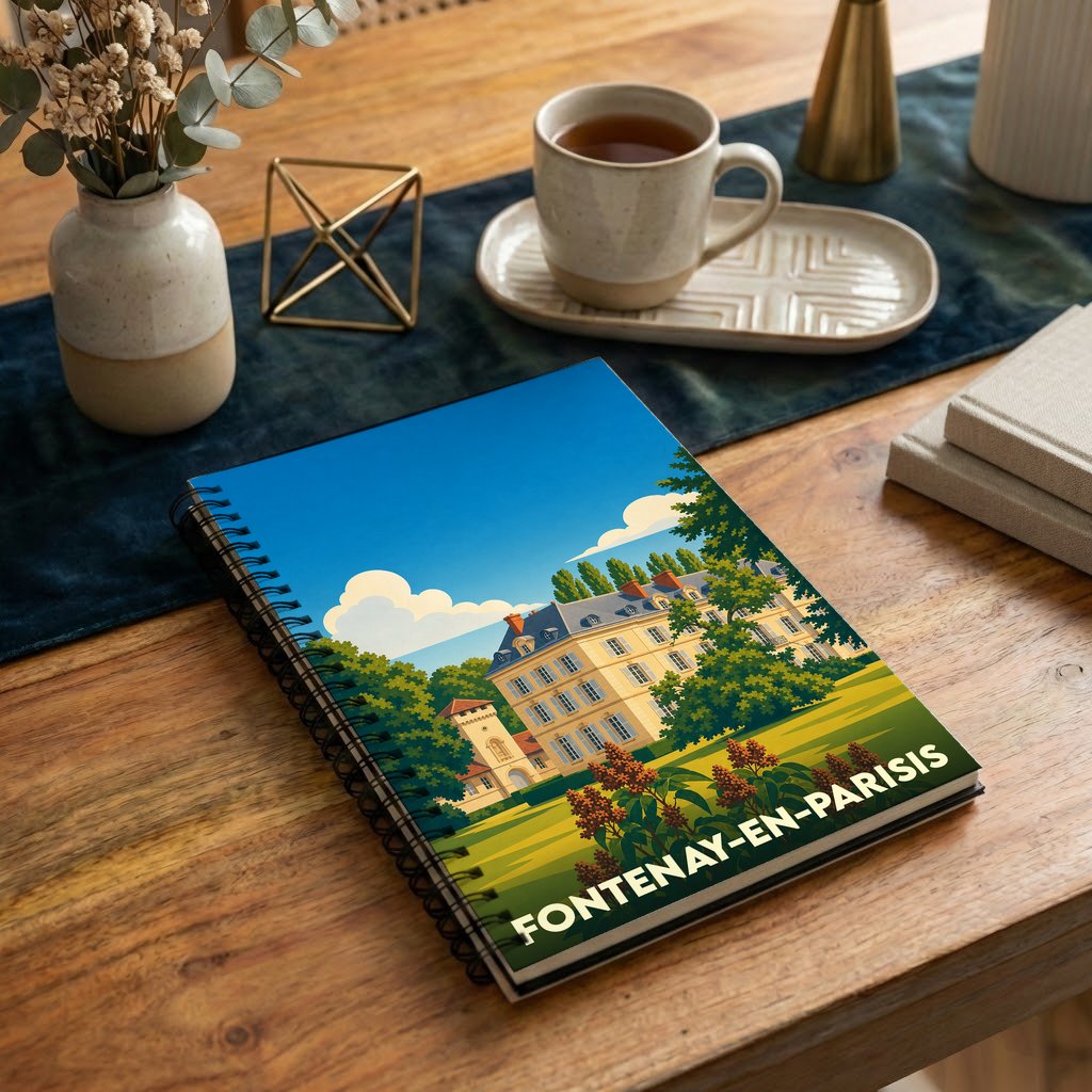 Carnet à spirales souvenir de Fontenay-en-Parisis avec une illustration stylisée de château.
