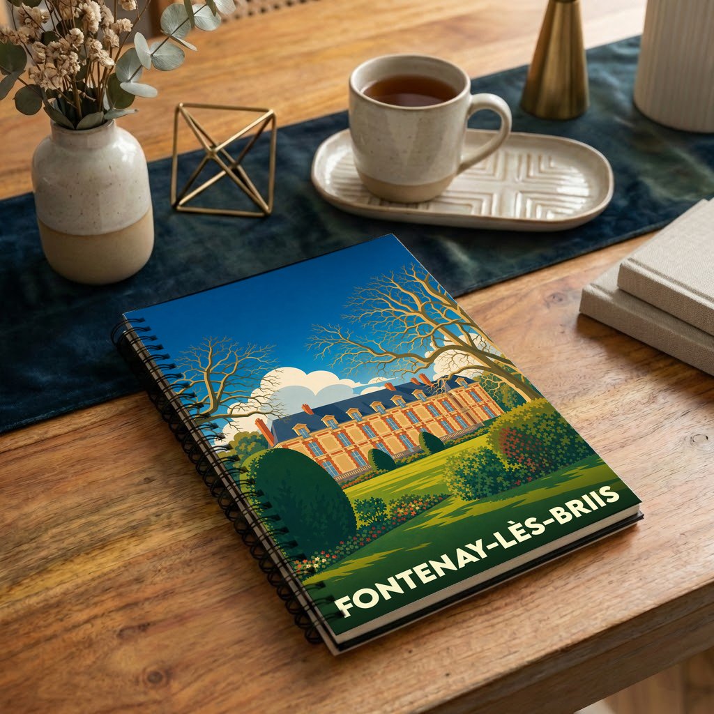 Carnet à spirales souvenir de la ville de Fontenay-lès-Briis avec une illustration stylisée de son château.
