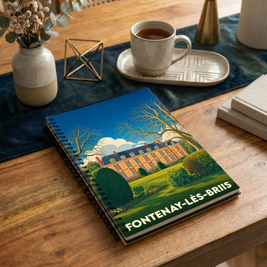 Carnet à spirales souvenir de la ville de Fontenay-lès-Briis avec une illustration stylisée de son château.