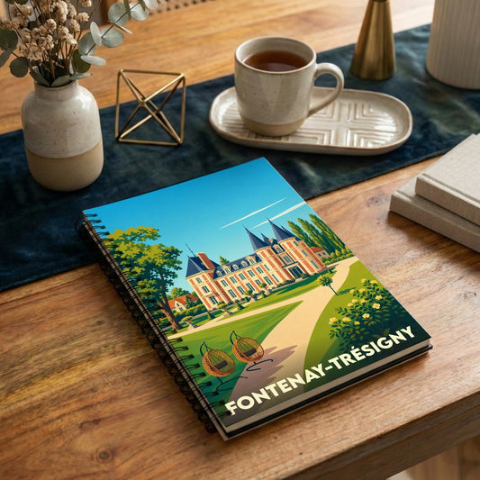 Carnet à spirales souvenir de la ville de Fontenay-Trésigny avec une illustration stylisée de son château.