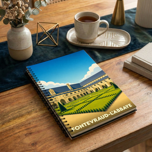 Carnet souvenir de Fontevraud-l'Abbaye avec une illustration stylisée de son abbaye et de ses jardins.
