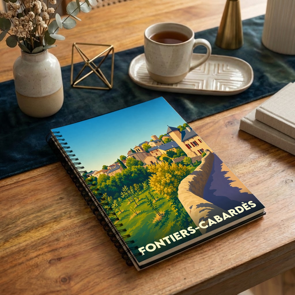 Carnet de notes souvenir de Fontiers-Cabardès orné d'une illustration paysagère stylisée.