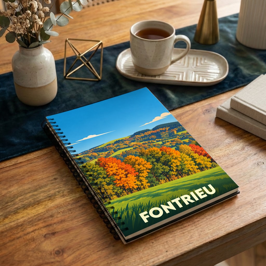 Carnet souvenir de la ville de Fontrieu avec une illustration stylisée de paysages automnaux.